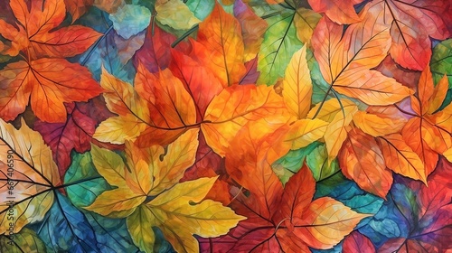 Overhead closeup watercolor illustration of densely packed maple leaves in shades of red  green and blue