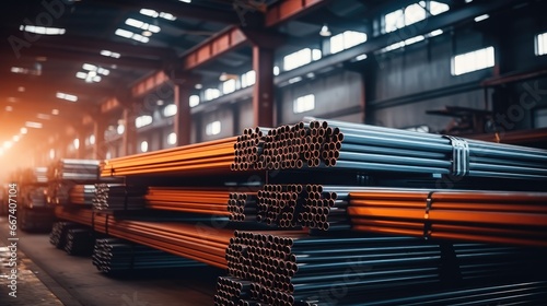 Pipe, Steel plate, Steel in Heavy manufacturing industrial warehouse, beam.