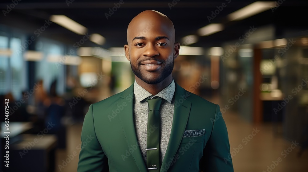 Portrait of black man wearing green business suit in office.