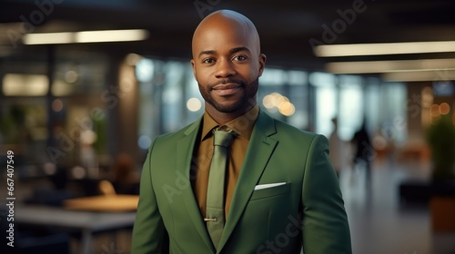 Portrait of black man wearing green business suit in office.
