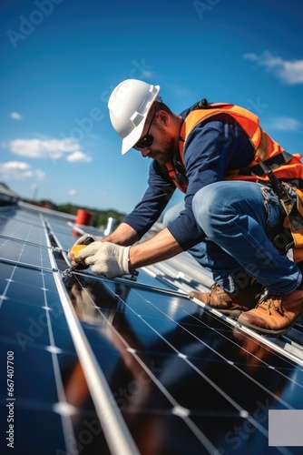 Technicians install solar panels on a residential building.