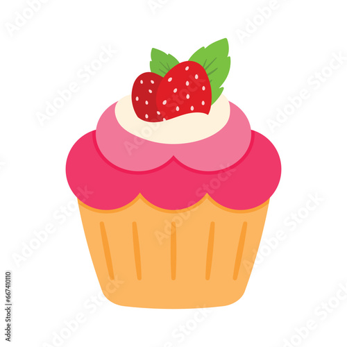 Strawberry Cupcake Icon Cute Cartoon Dessert Bakery Vector Illustration