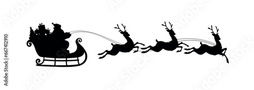 Santa Claus with riding a sleigh with reindeers, black vector silhouette isolated on white background. Christmas flat illustration for design, window sticker.