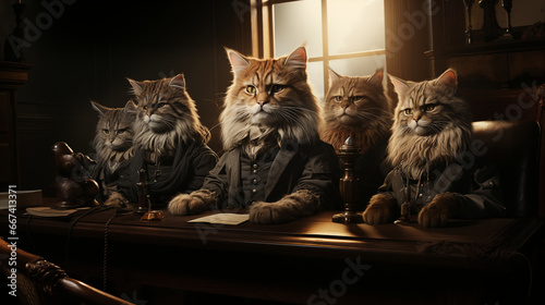 A group of cats sits at a table in a dark courtroom