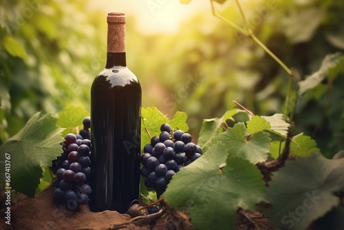 Red wine bottle in green vineyard surrounded by grapes. Generative AI