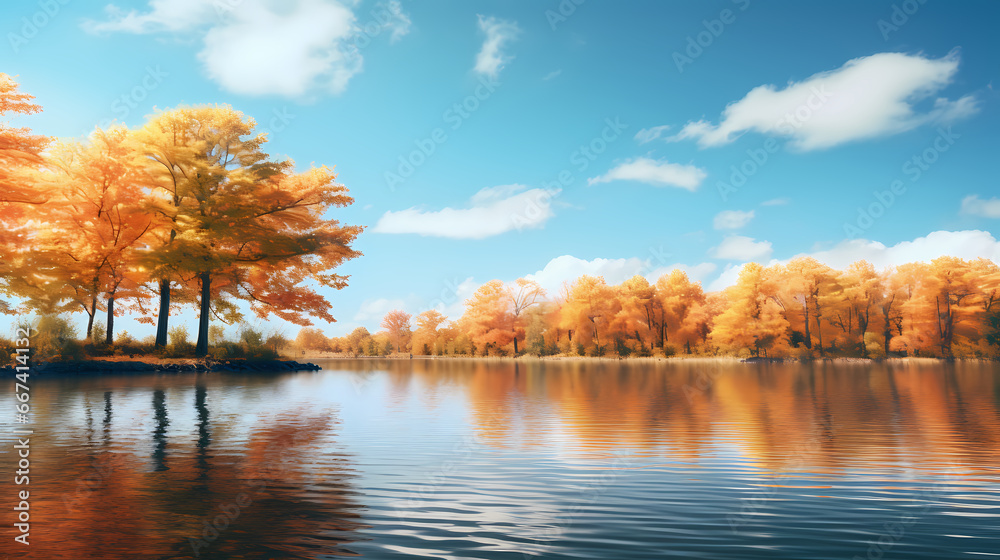 Quiet lakeside scenery, colorful trees reflection on the water background wallpaper poster PPT