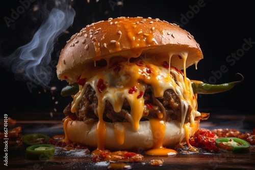 Spicy chilies exploding from the burger, accompanied by flying sauce and cheese. Generative AI