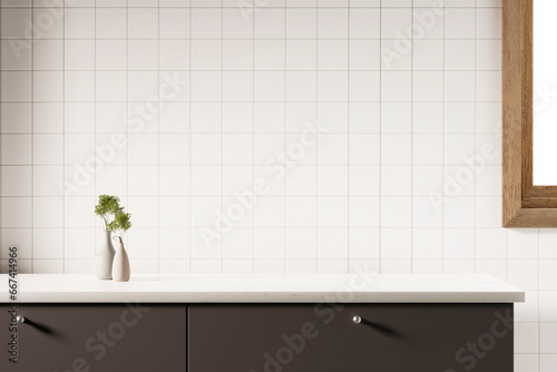 Kitchen  bathroom  white tile  sink  window frame with sunlight coming in. 3d rendering.