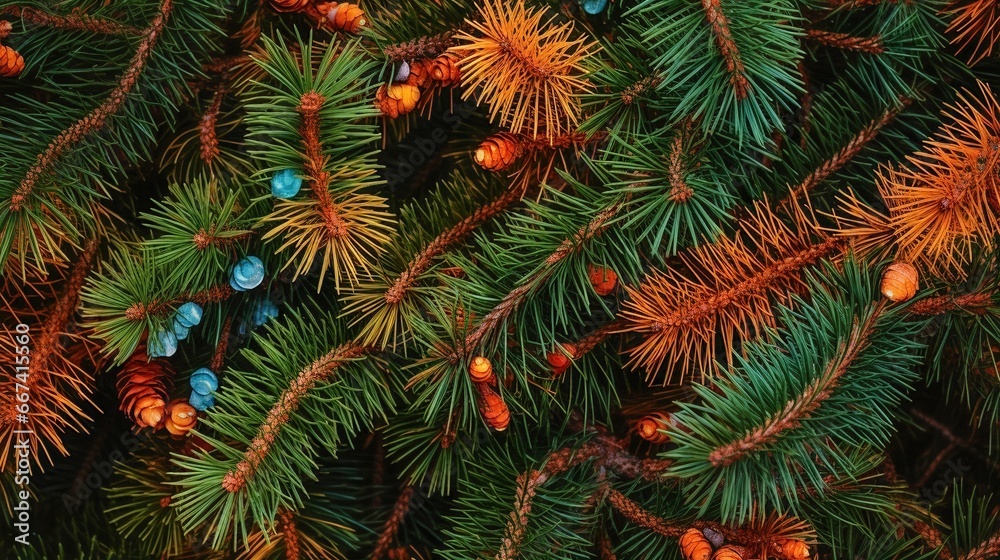 Overhead closeup view of pine needes and cones