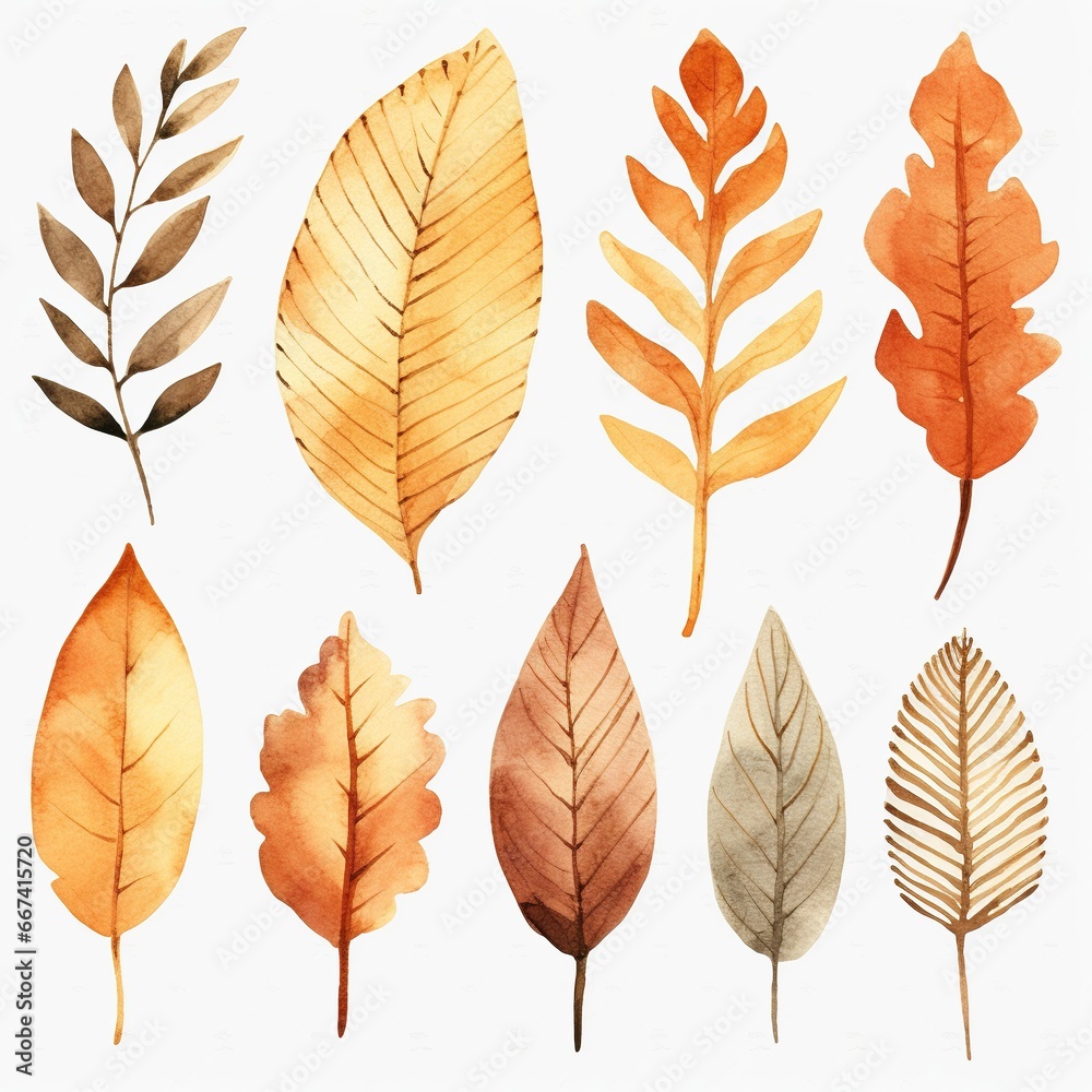 Collection of autumn leaves, watercolor illustration, set