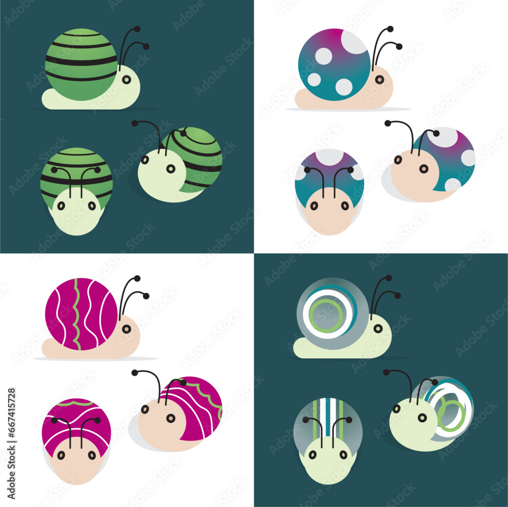 Obraz premium Flat vector cartoon illustration of cute clay snail figures at 3 different angles, in 4 color and pattern sets. Stripes, spiral, polka dots,. Colors: green, black, white, tan, pink, blue.