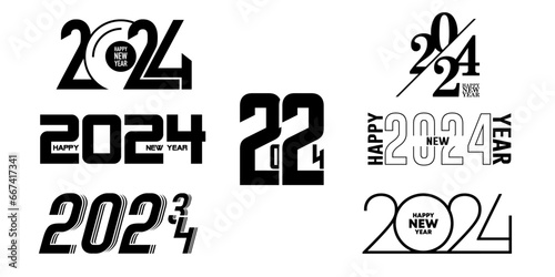 Big Set of 2024 Happy New Year logo text design. 2024 number design template. Collection of 2024 Happy New Year symbols. Vector illustration with black labels isolated on white background