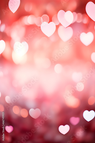 pink white and red vertical background with bokeh lights on and heart shape glitter valentines with copy space. Abstract background holiday