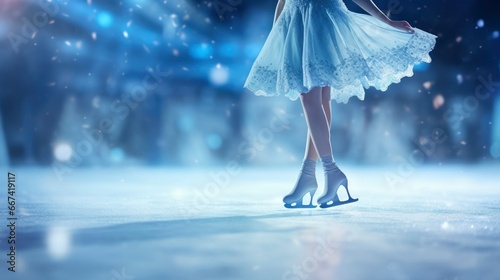 Closeup women's legs in a blue skating dress. Figure skating athlete in motion on ice rink arena. Concept of professional sport and competition