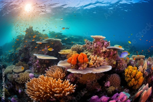 Exquisite underwater panorama teeming with vibrant coral life. Generative AI