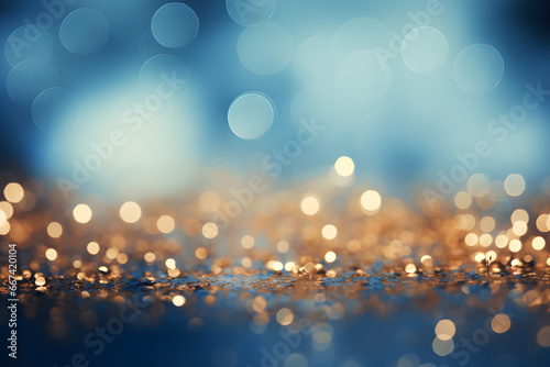 Blue and gold abstract background with copy space, bokeh lights and glitter on New Year's Eve