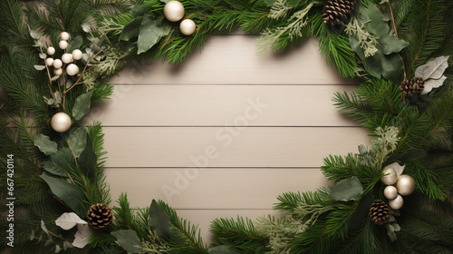 グレージュの木目の背景に、真ん中余白で周りにクリスマスのモミの木などのフレーム