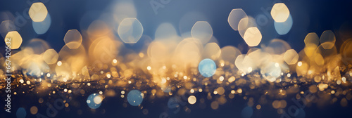 Blue and gold abstract background banner with copy space, bokeh lights and glitter on New Year's Eve