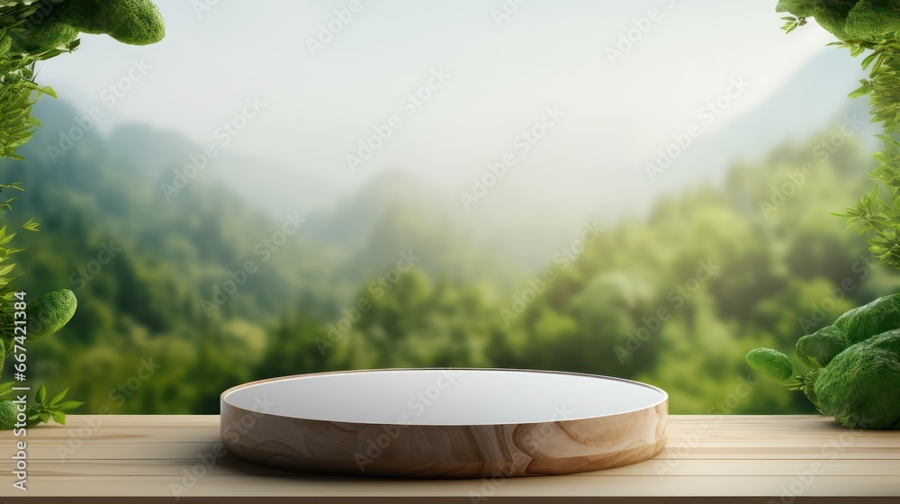 3D empty round wood showcase, podium, stand for advertising and product display and presentation with forest and mountain background. 3D empty round wood showcase, podium, stand for advertising and product display and presentation with forest and mountain background.