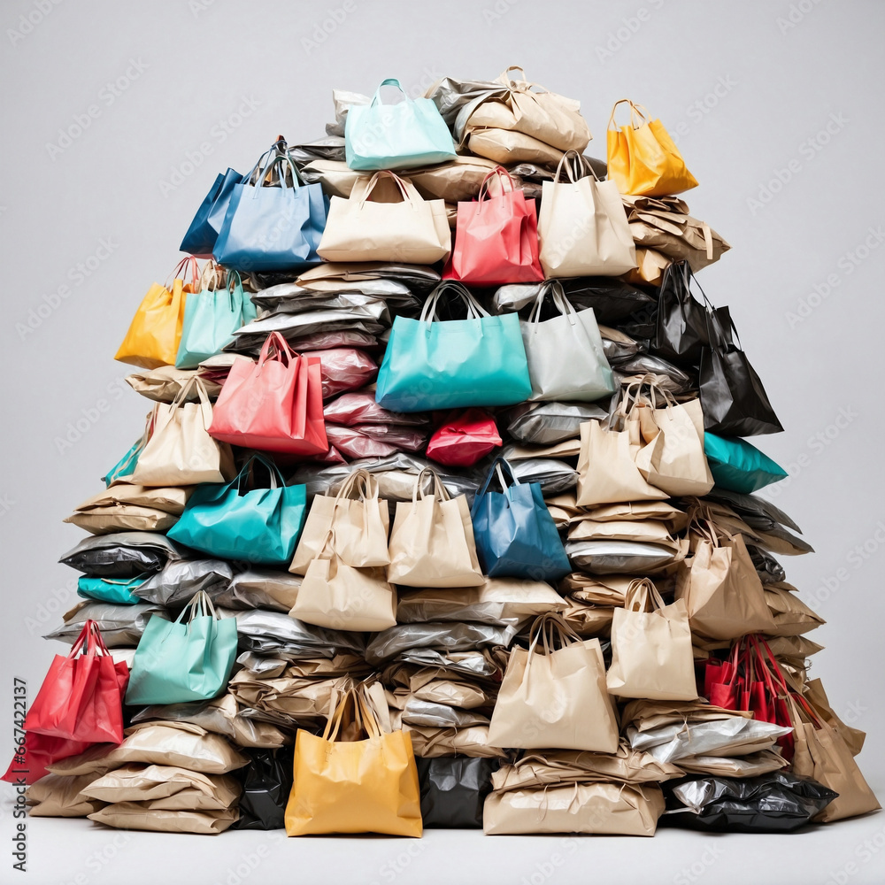 Stacks of shopping bags full of goods. There are so many bags piled up. Isolated on White background. Sales for black friday