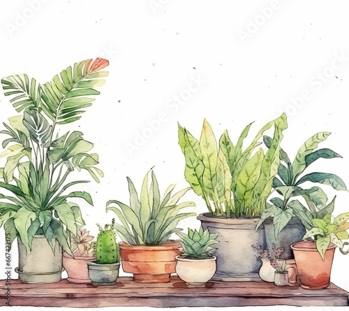 watercolor beautiful house plants background cactus in pots