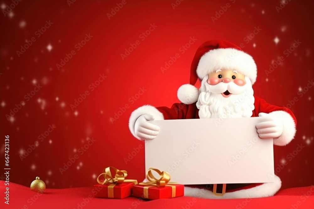 Santa Claus plush holding white sign for christmas banner or poster Santa Claus plush holding white sign for christmas banner or poster