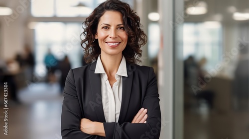 Smiling Latin professional mid aged business woman corporate leader standing in office