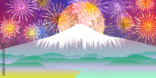 富士山　新年　花火　背景