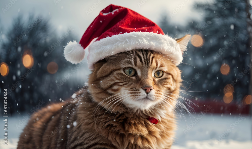 cat in santa claus hat in outdoor winter season and snow fall, generative ai cat in santa claus hat in outdoor winter season and snow fall, generative ai