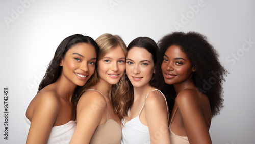 Diverse women with radiant complexions on a studio background, embodying wellness, empowerment, and makeup. Generative AI.
