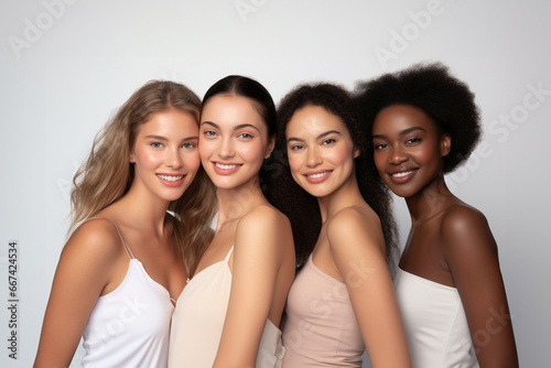 Diverse women with radiant complexions on a studio background, embodying wellness, empowerment, and makeup. Generative AI.