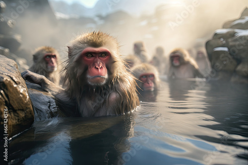 A group of Japanese macaques taking a bath in a hot spring photo