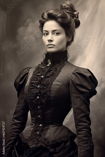 Old black and white studio portrait photograph from the Victorian era of a young woman photo