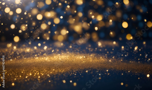 Blue and gold elegant New year and Christmas bokeh background with gold sparkling glitter banner with copy space