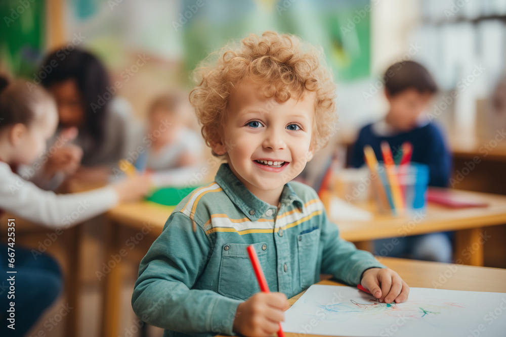 happy little boy learns to draw with a colour pencil in an art class happy little boy learns to draw with a colour pencil in an art class