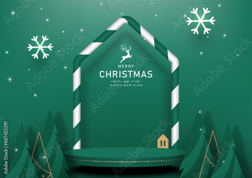 Stage podium for product Christmas festive. Green Christmas Background. Vector illustration.