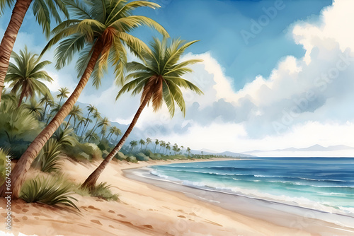 watercolor illustration of palm trees on the beach