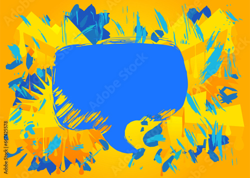 Fototapeta Naklejka Na Ścianę i Meble -  Blue Graffiti speech bubble on yellow background. Abstract modern Messaging sign street art decoration, Discussion icon performed in urban painting style.