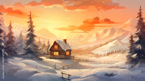 Snowy forest path leads to a secret cabin in the woods background wallpaper poster PPT © xuan