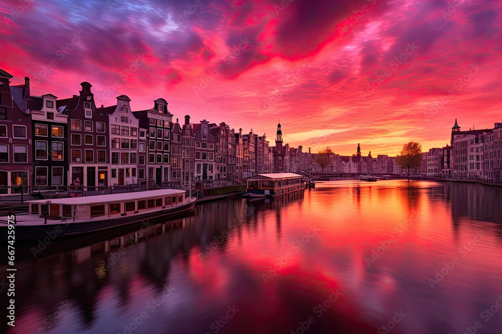 Amsterdam sunset city skyline at canal waterfront