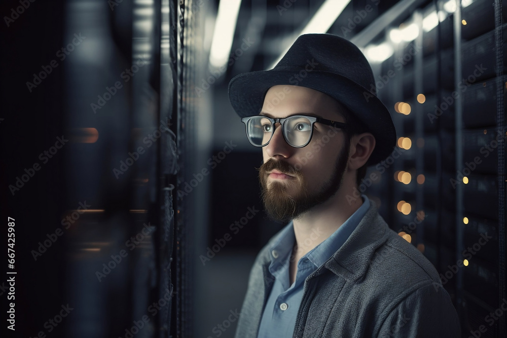 It specialist with hat and glasses inside data center generative ai It specialist with hat and glasses inside data center generative ai