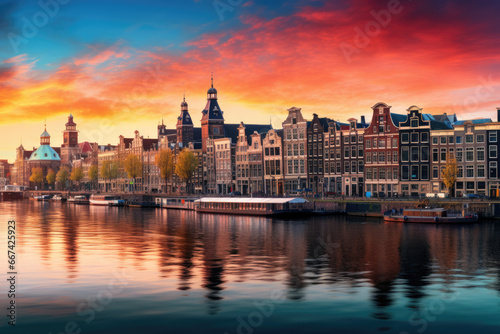 Amsterdam sunset city skyline at canal waterfront