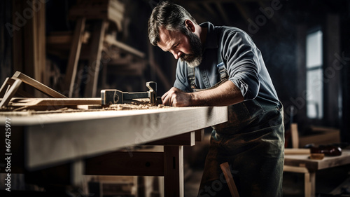 A carpenter making wooden chair in his workshop