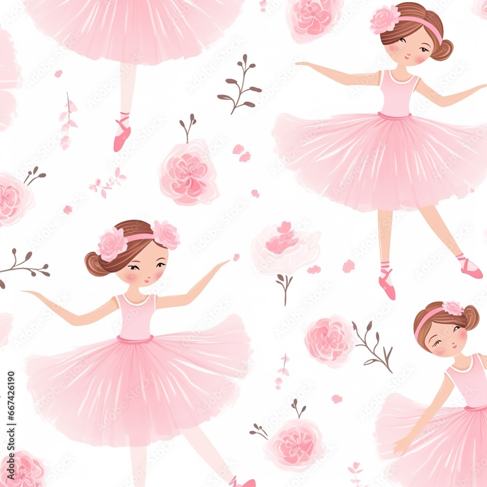 Seamless Elegance, A Delightful Pattern of Cute Little Girls Ballerinas in Pink Dresses with Flowers on a White Background - Perfect for Children, Art Project, Background
