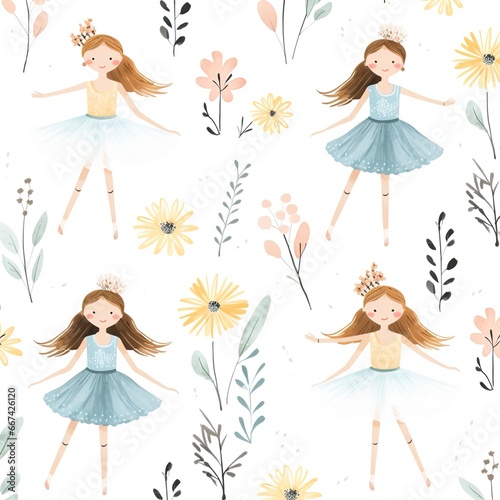 Seamless Elegance, A Delightful Pattern of Cute Little Girls Ballerinas in Pink Dresses with Flowers on a White Background - Perfect for Children, Art Project, Background
