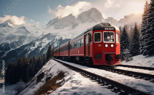 an red train traveling down a snowy mountainside © Kien