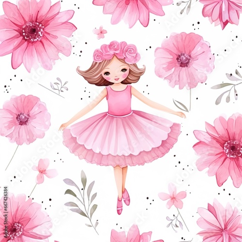 Seamless Elegance, A Delightful Pattern of Cute Little Girls Ballerinas in Pink Dresses with Flowers on a White Background - Perfect for Children, Art Project, Background
