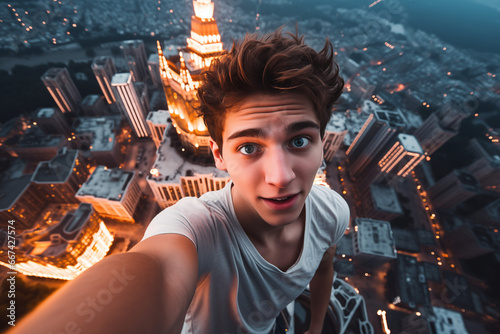 young urban climber taking selfie on top of skyscraper in city