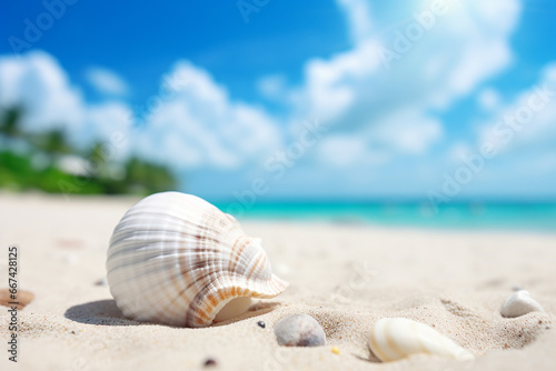 The close up detail of white seashells in the sand at the beautiful beach on a sunny day. AI generated.