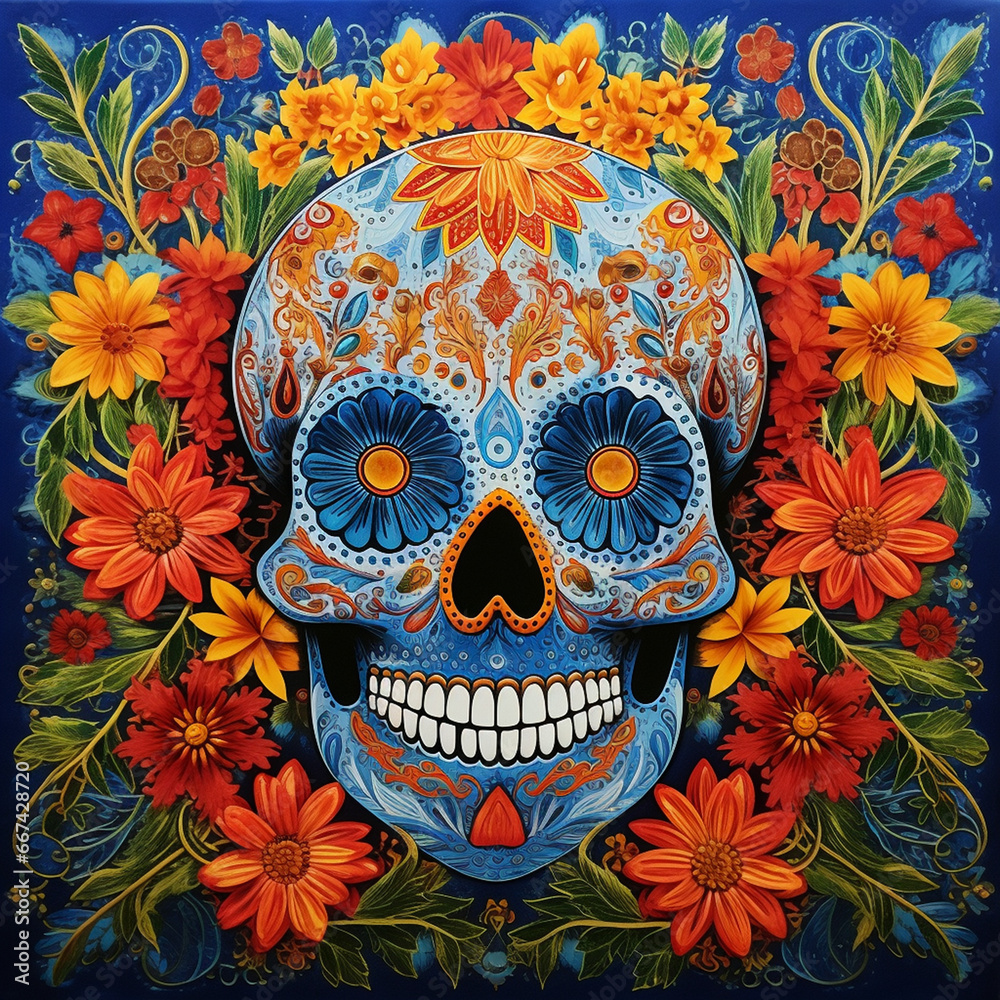 Sugar Skull Illustration with Colorful Floral Design. Generative ai